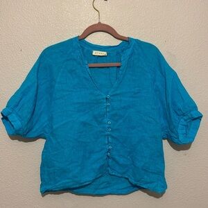 Stark X 100% Linen Button Down Lightweight Short Sleeve V- Neck Top